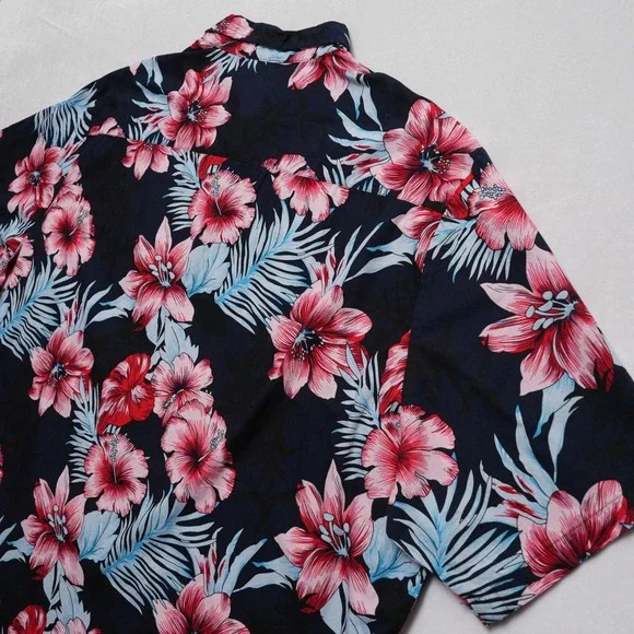 Vatpave Mens XXXL Hawaiian Shirt Black Hibiscus Floral Aloha Short Sleeve - Picture 9 of 10